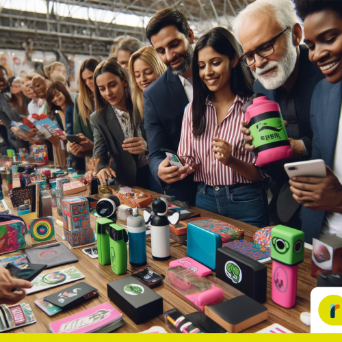 Clientes interagindo com brindes personalizados