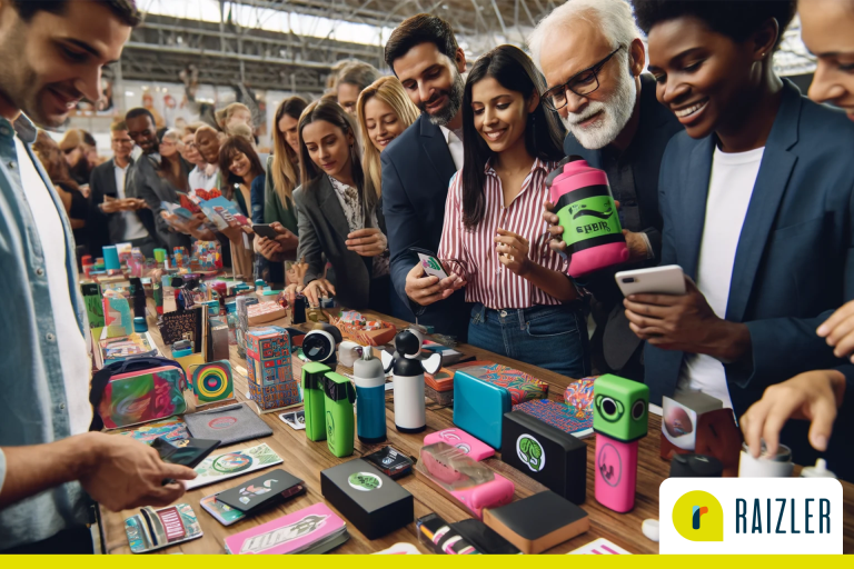 Clientes interagindo com brindes personalizados