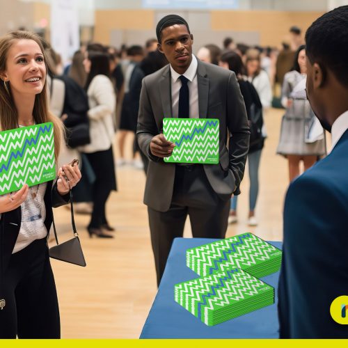 Pessoas recebendo Mouse Pad em Evento