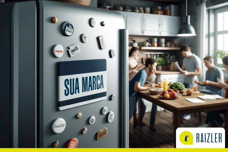 Ímã na geladeira divulgando negócio e pessoas perto