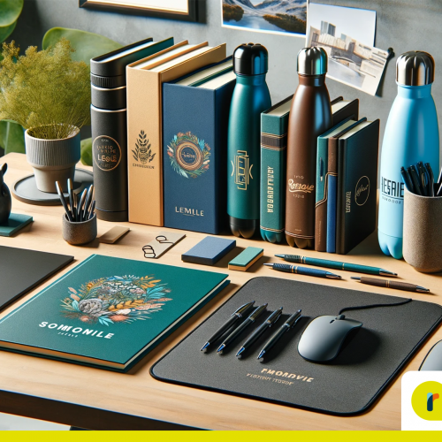 Imagem com diversos brindes em cima de uma mesa de escritório