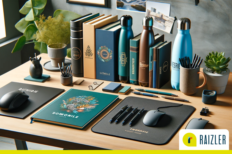 Imagem com diversos brindes em cima de uma mesa de escritório