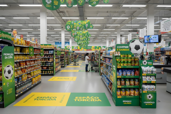 PDV decorado para Copa do Mundo com wobblers, móbiles, adesivos, totem, display e brindes promocionais