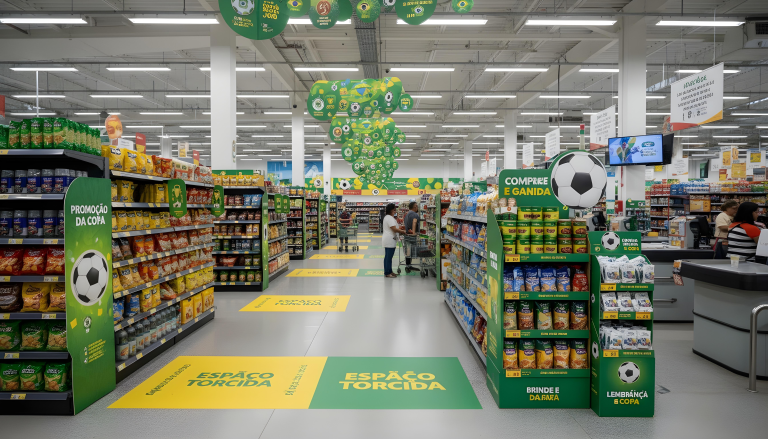 PDV decorado para Copa do Mundo com wobblers, móbiles, adesivos, totem, display e brindes promocionais